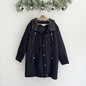 Michael Kors Black Quilted Snap Down Hooded Coat 1X